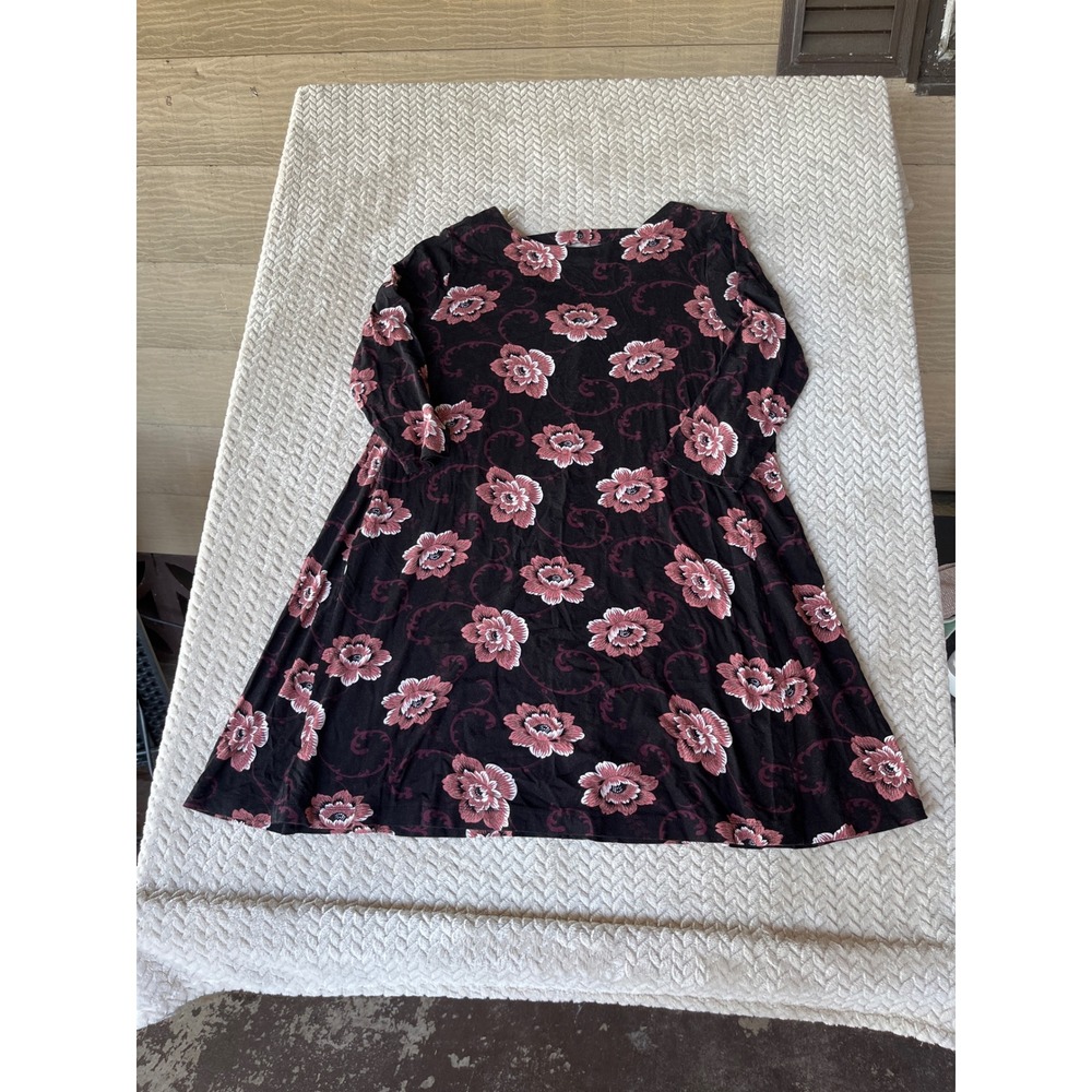 LOFT Outlet Floral V-Neck A-Line Dress Black Pink Long Sleeve Size L